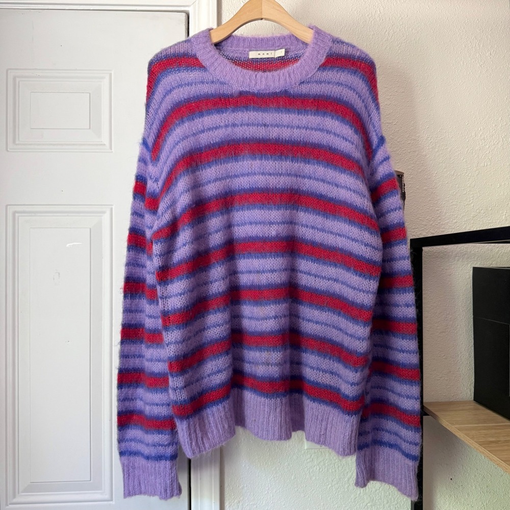 MNML purple red wool mohair long sleeve knit striped crew neck pullover sweater